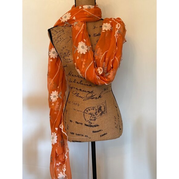 Orange Floral Embroidered Sheer Scarf Wrap Shawl - Picture 2 of 12